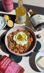 A delicious summer pasta dish with avocado oil and pasta sauce.